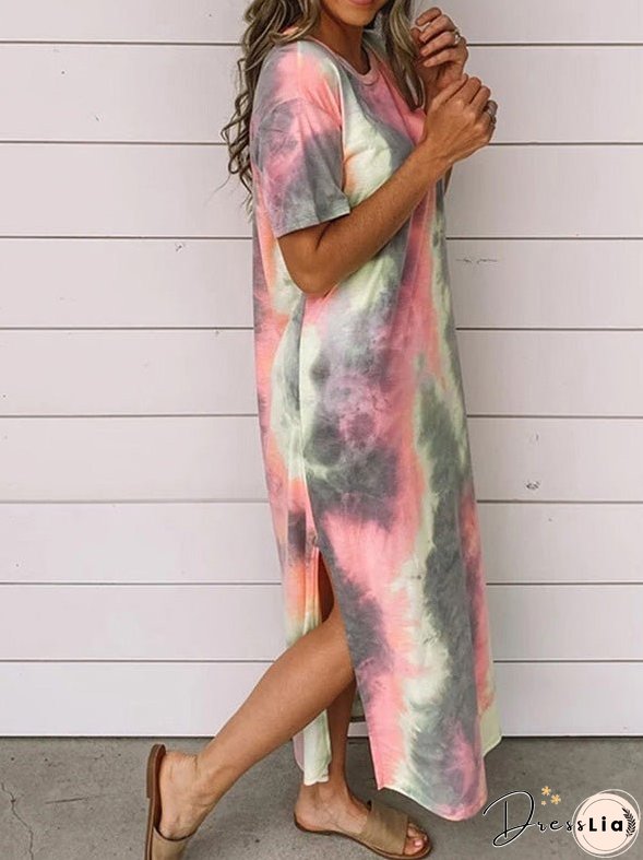 Dresses Tie-Dye Print Crew Neck Pocket Slit Dress for Women