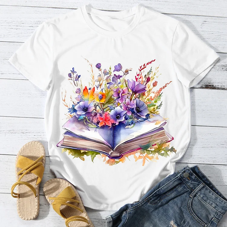 Colorful Flowers With Book Women's Casual Round Neck T-Shirt -BSTC1625