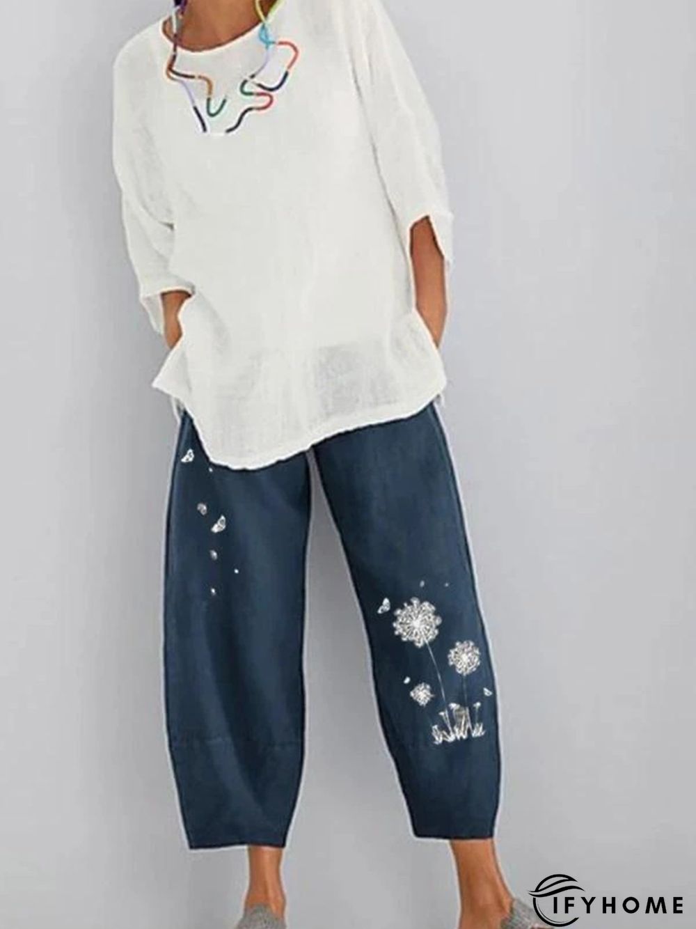 Dark Blue Linen Shift Casual  Floral Pants | IFYHOME
