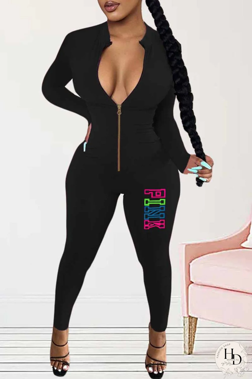 Orange Sportswear Print Letter Zipper Collar Jumpsuits