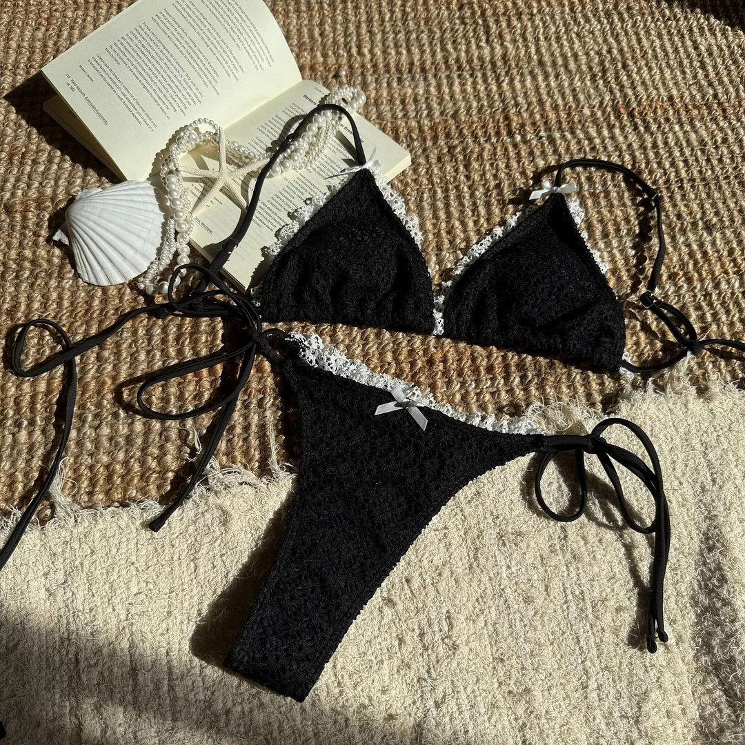 Uveng 2025 Bumpy Bow Lace With Sexy Dew Parted Swimsuit Bikini