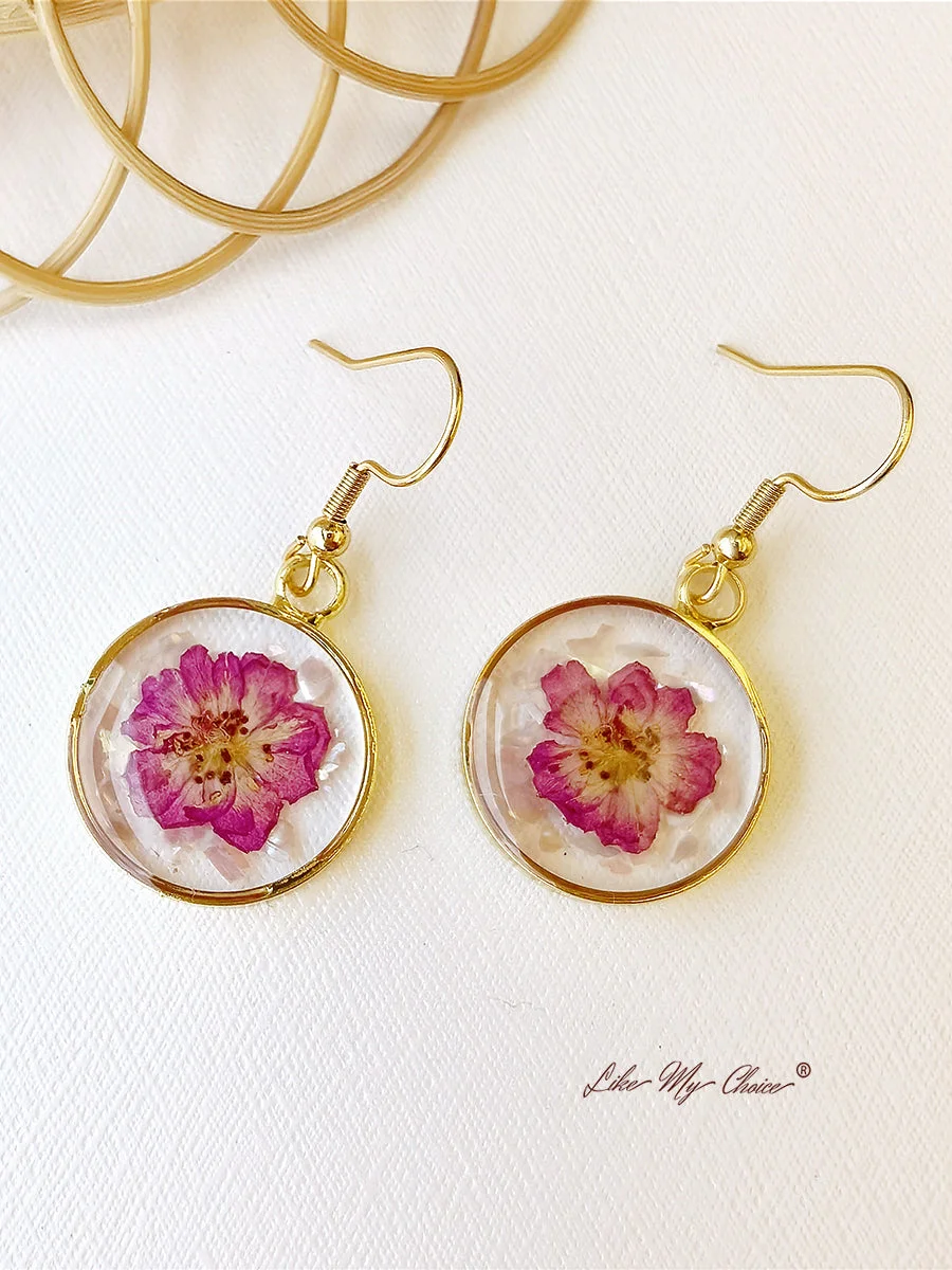LikeMyChoice® Pressed Flower Earrings -Purple Larkspur Flowers