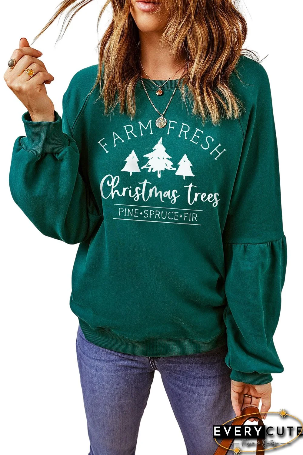 Green Christmas Tree Letter Graphic Print Pullover Sweatshirt