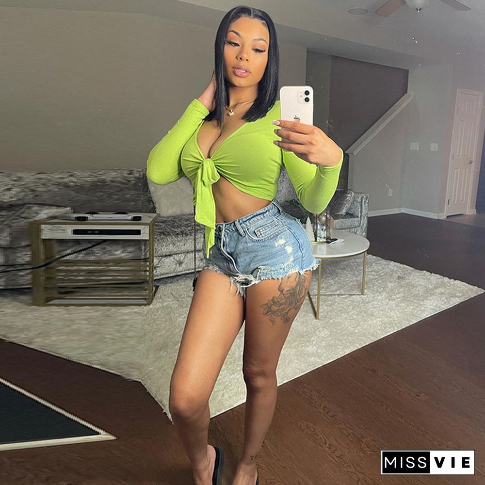 Summer New Arrivals Women Knitted Deep V-Neck Long Sleeve Sexy Solid Color Lace-Up Skinny Crop Tops