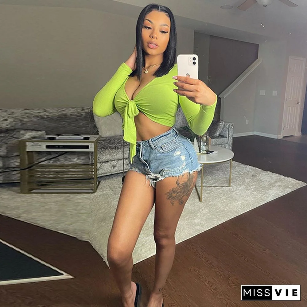 Summer New Arrivals Women Knitted Deep V-Neck Long Sleeve Sexy Solid Color Lace-Up Skinny Crop Tops