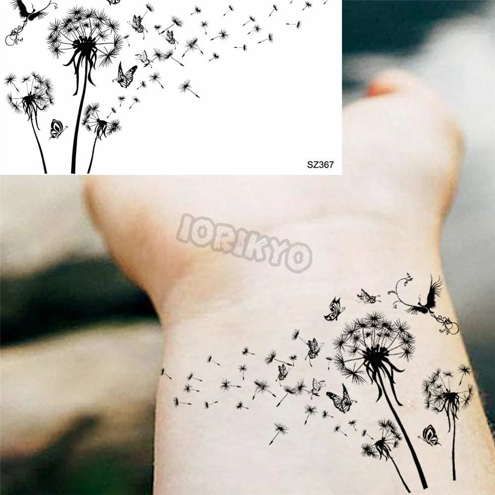 Black Pencil Sketch Henna Lotus Temporary Tattoos For Women Girls Realistic Planet Dandelion Fake Tattoo Sticker Back Arm Tatoos