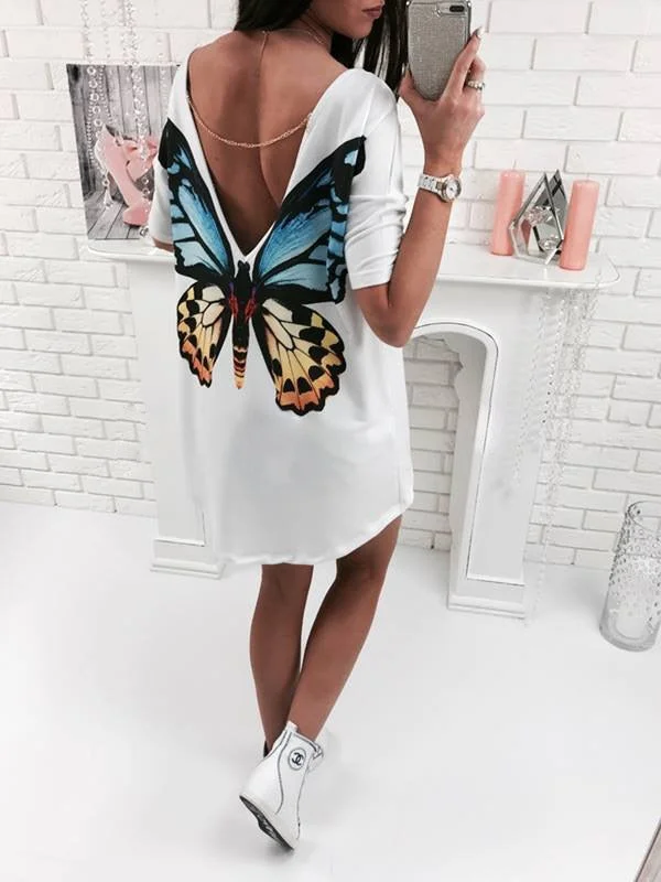 2018 Casual cat butterfly printed O Neck V backless short sleeve Loose white mini dress womens fashion dresses summer women