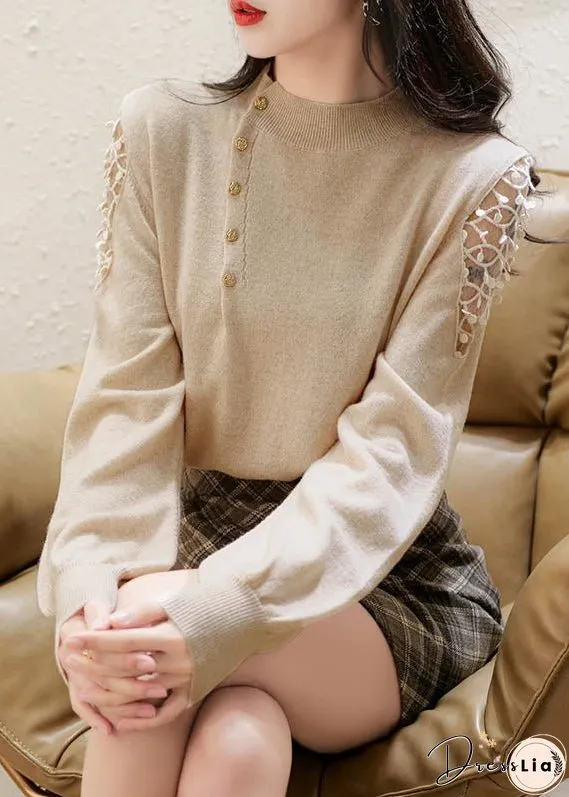 Stylish Apricot O Neck Hollow Out Woolen Knit Pullover Lantern Sleeve