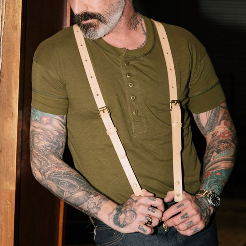 Vintage Cotton Henley Collar Olive Green Short-Sleeved T-Shirt