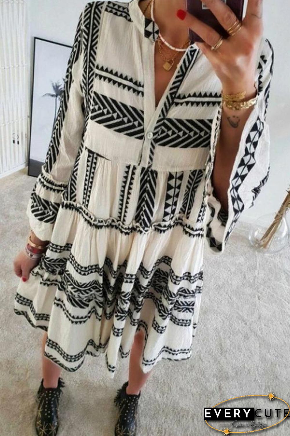 Geometric Printed V-neck Loose Mini Dress (3 Colors) P12103