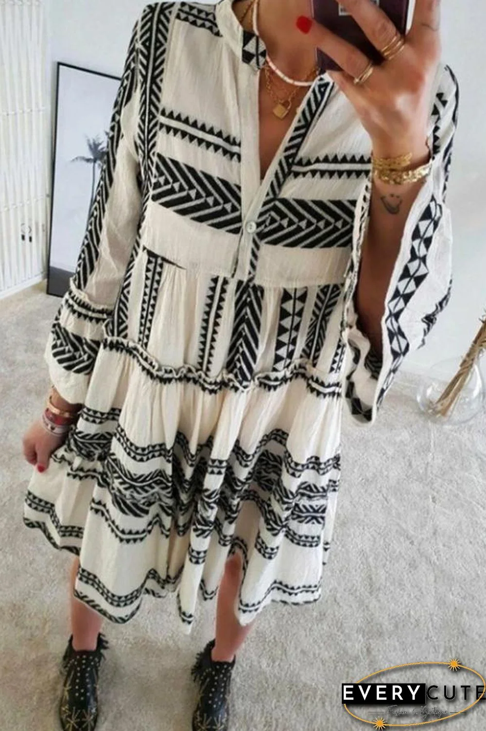 Geometric Printed V-neck Loose Mini Dress (3 Colors) P12103