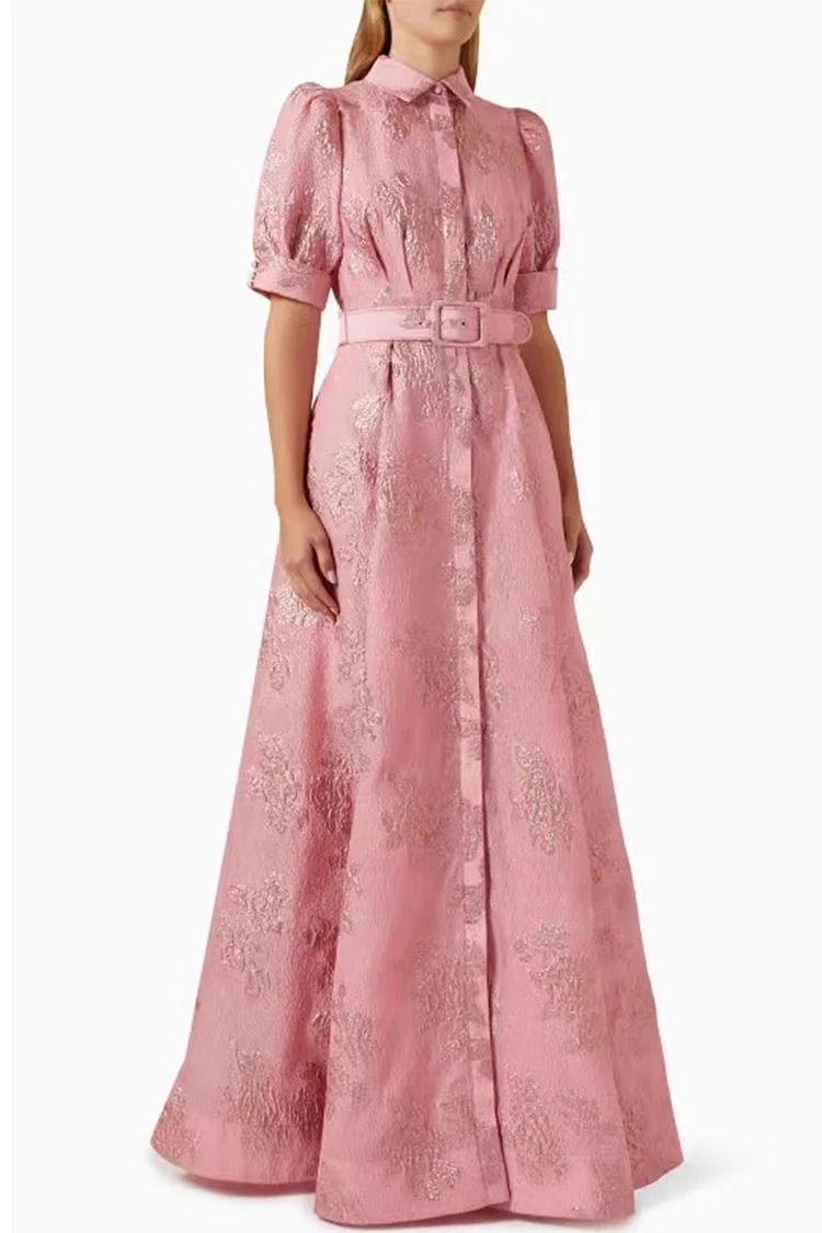 Semi Formal Pink Jacquard Turndown Collar Puff Sleeve Belt Maxi Dress