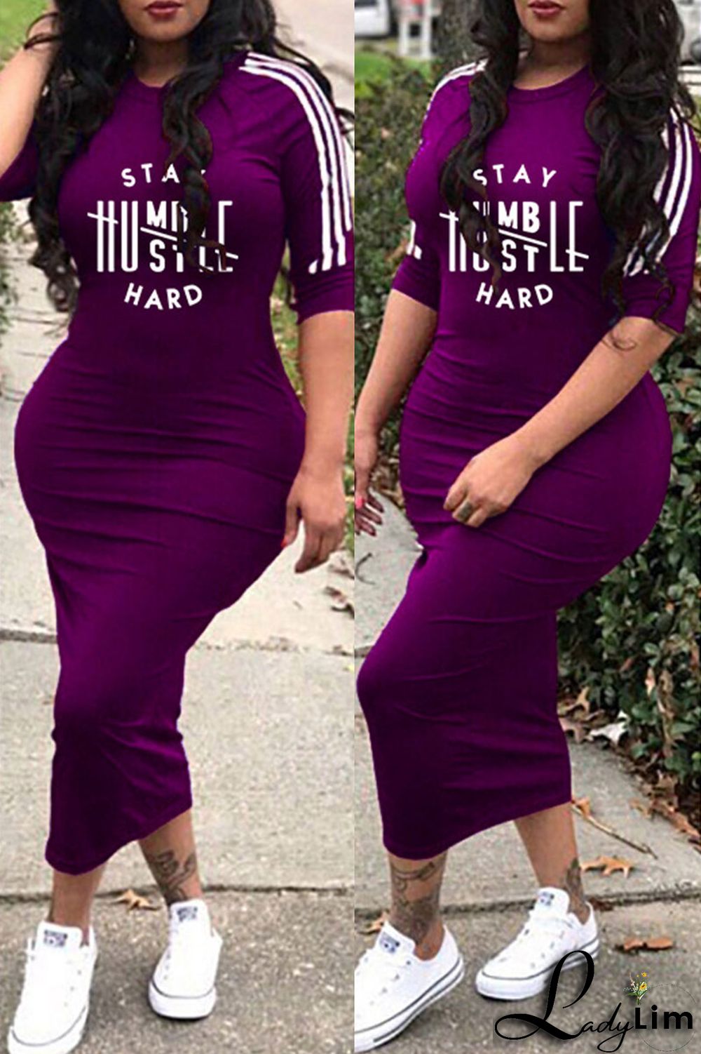 Deep Blue Fashion Casual Letter Print Split Joint O Neck Dresses