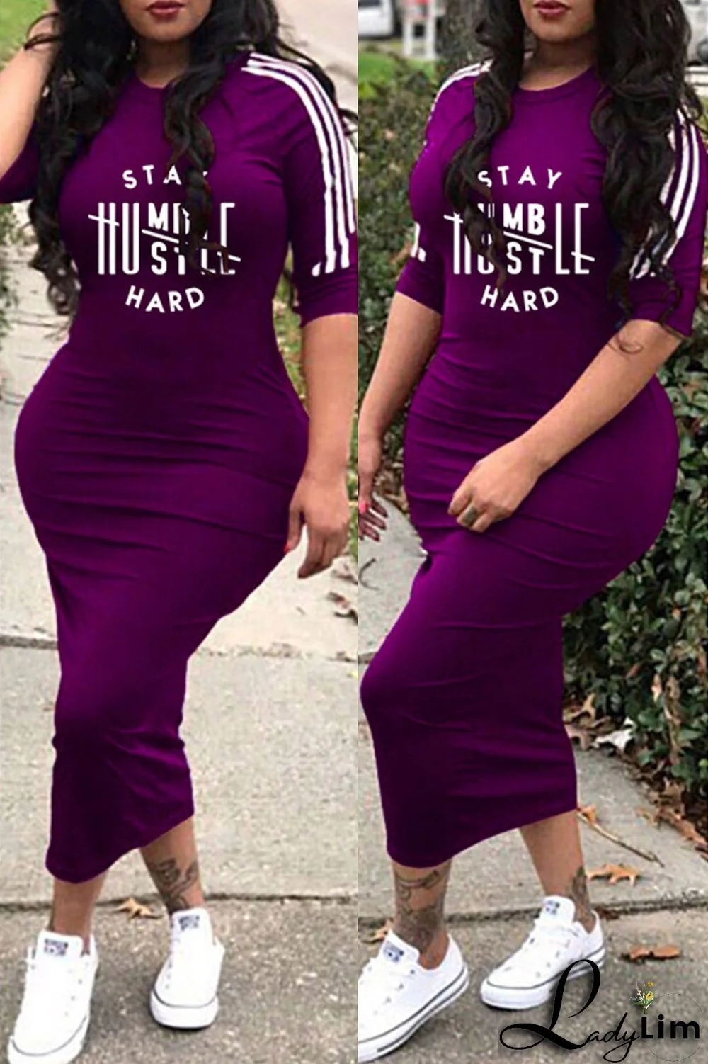 Deep Blue Fashion Casual Letter Print Split Joint O Neck Dresses