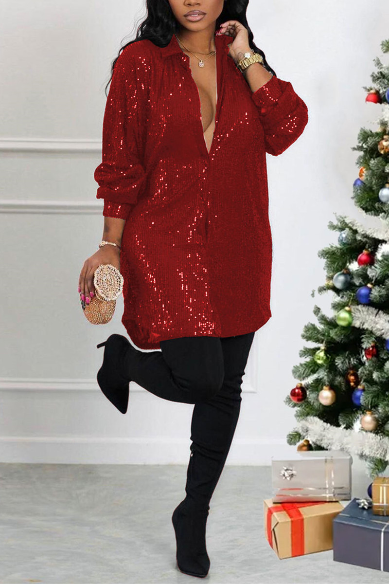 Plus Size Casual Red Sequin V Neck Long Sleeve Shirts Mini Dress