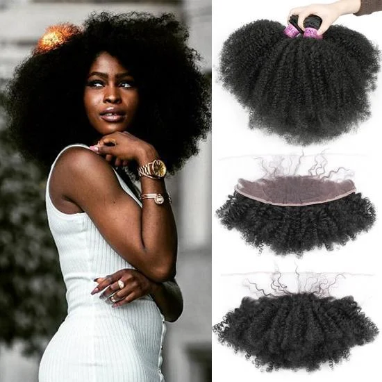FREE SHIPPING Yvonne 4A 4B Afro Kinky Curly Virgin Hair Weave 3Bundles With 13*4 Lace Frontal 
