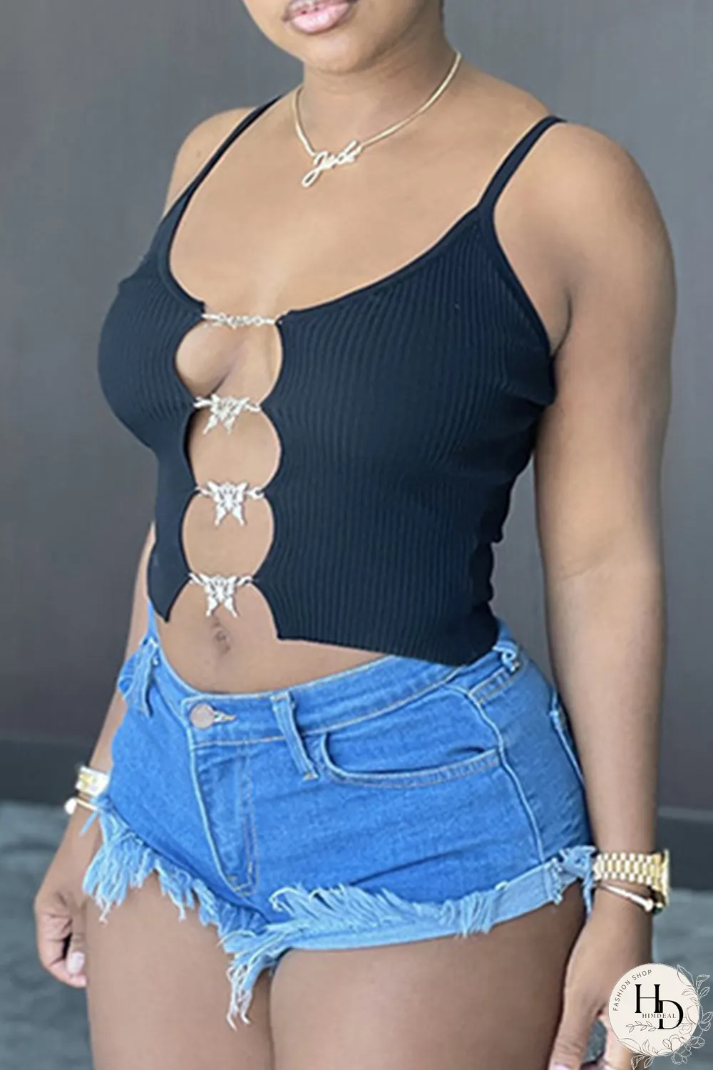 Light Blue Sexy Print Hollowed Out Spaghetti Strap Tops