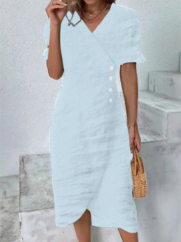 Women Half Sleeve V-neck Solid Color Dress