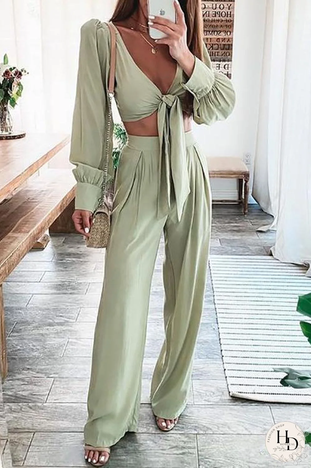 Knot Crop Top Wide Leg Pants Set