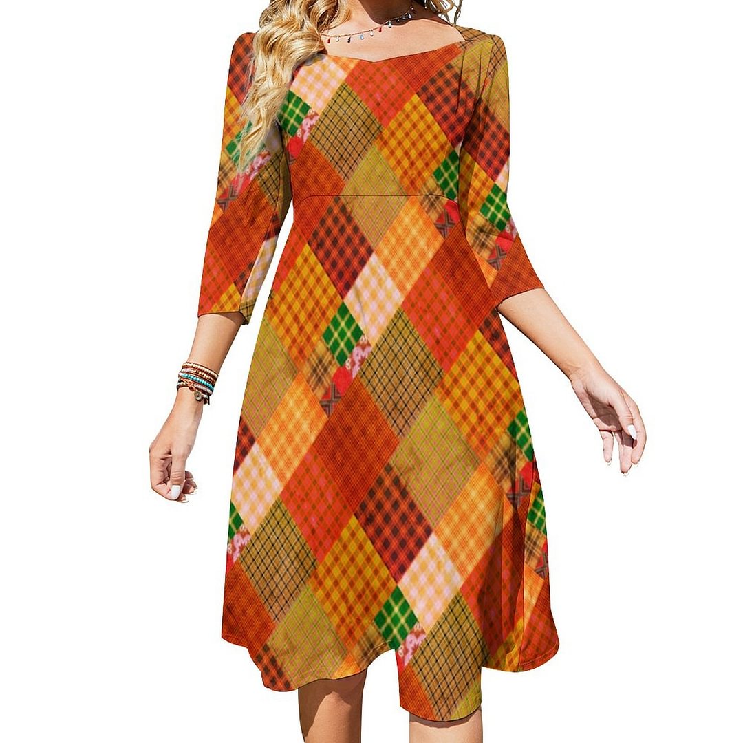 Rustic Quilt Patchwork Dress Sweetheart Tie Back Flared 3/4 Sleeve Midi Dresses