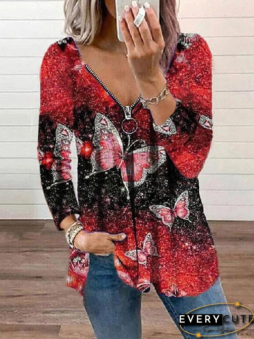 Printed V neck Long Sleeve Casual T-shirt