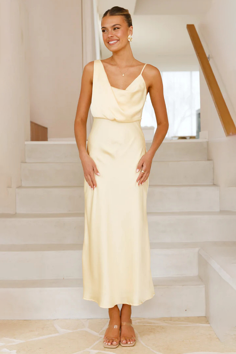 Irregular Neckline Asymmetrical Strap Plain Satin Midi Dresses-LightYellow