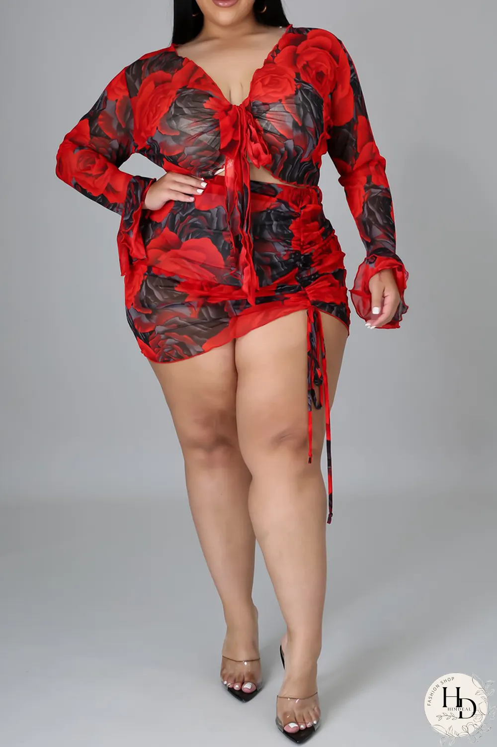 Red Casual Split Joint V Neck Plus Size Two Pieces