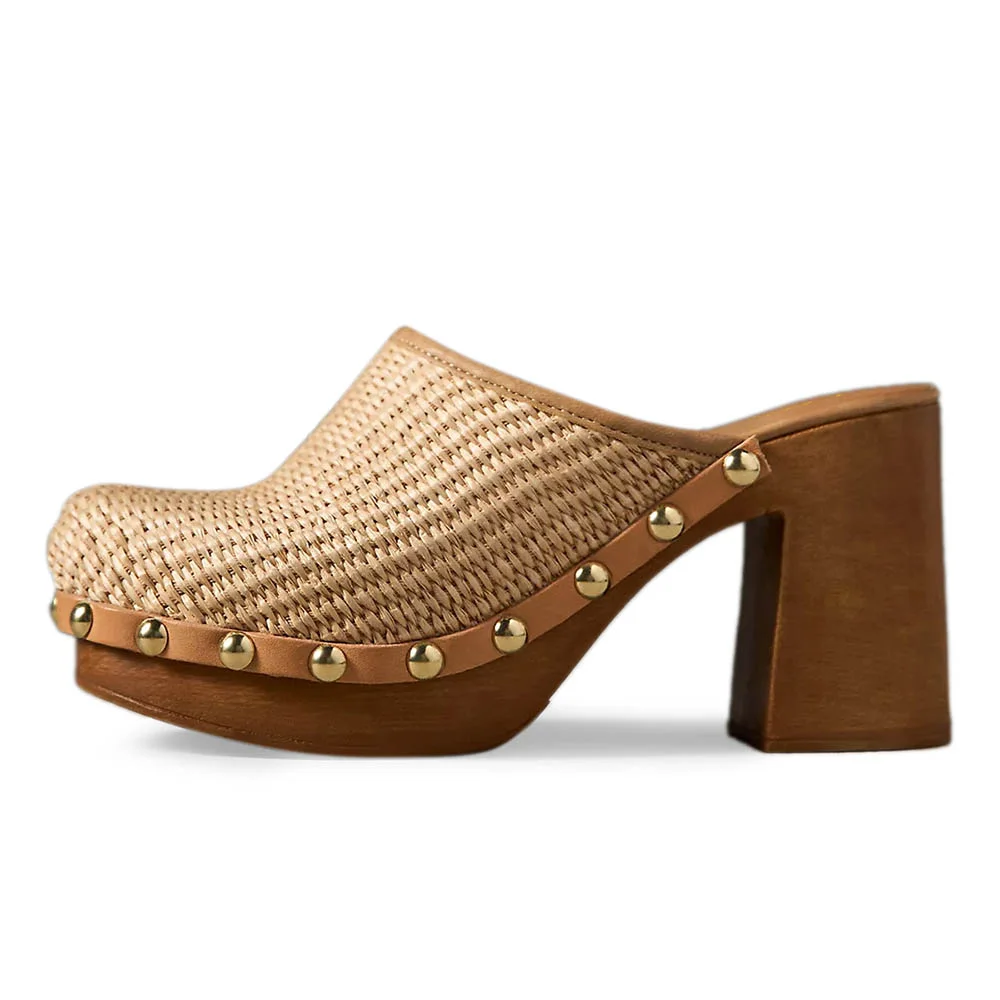Raffia Round Toe Platform Studded Mules Shoes with Chunky Heel