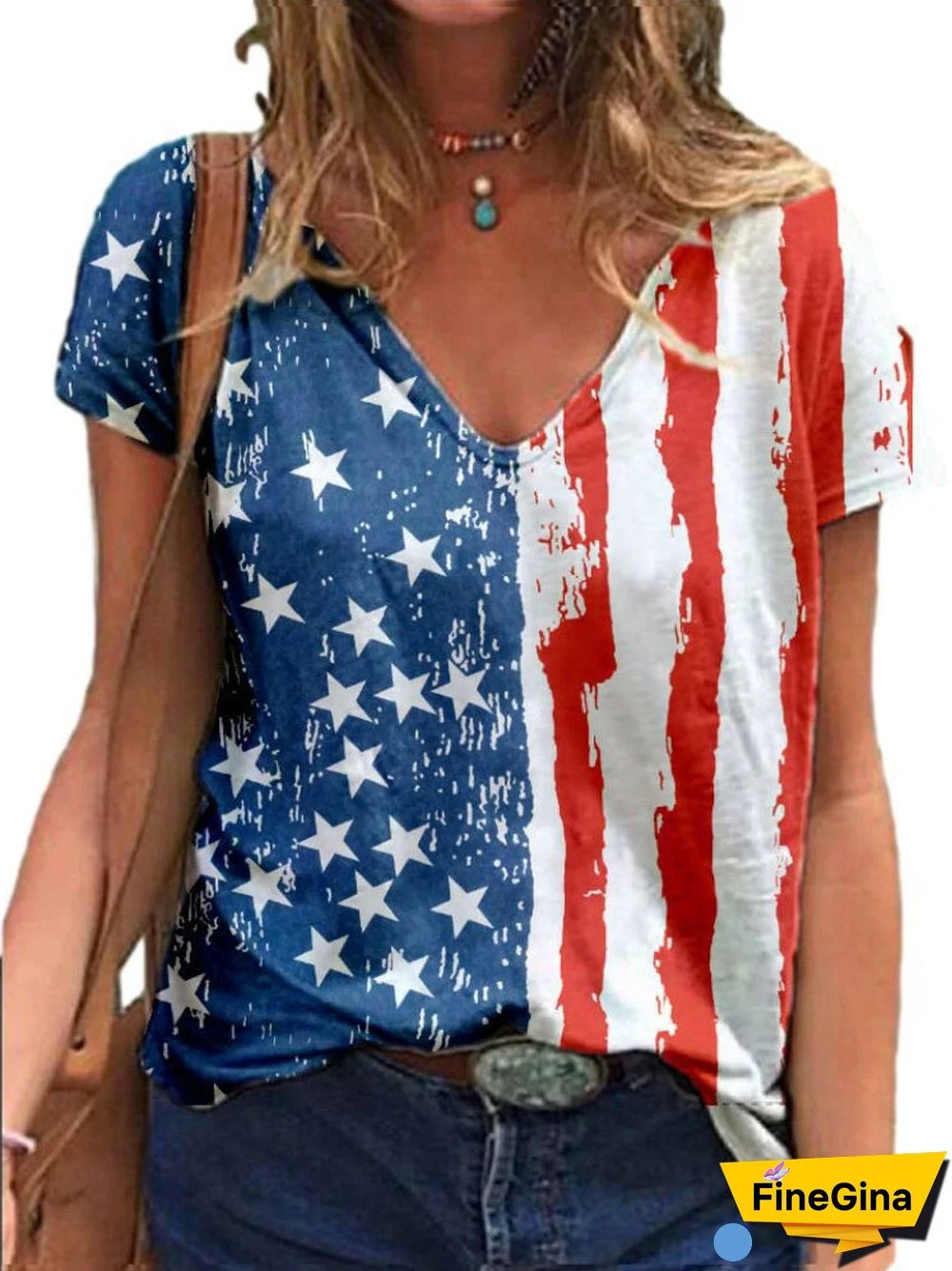 Women Short Sleeve V-neck Striped Star Printed Colorblock Tops