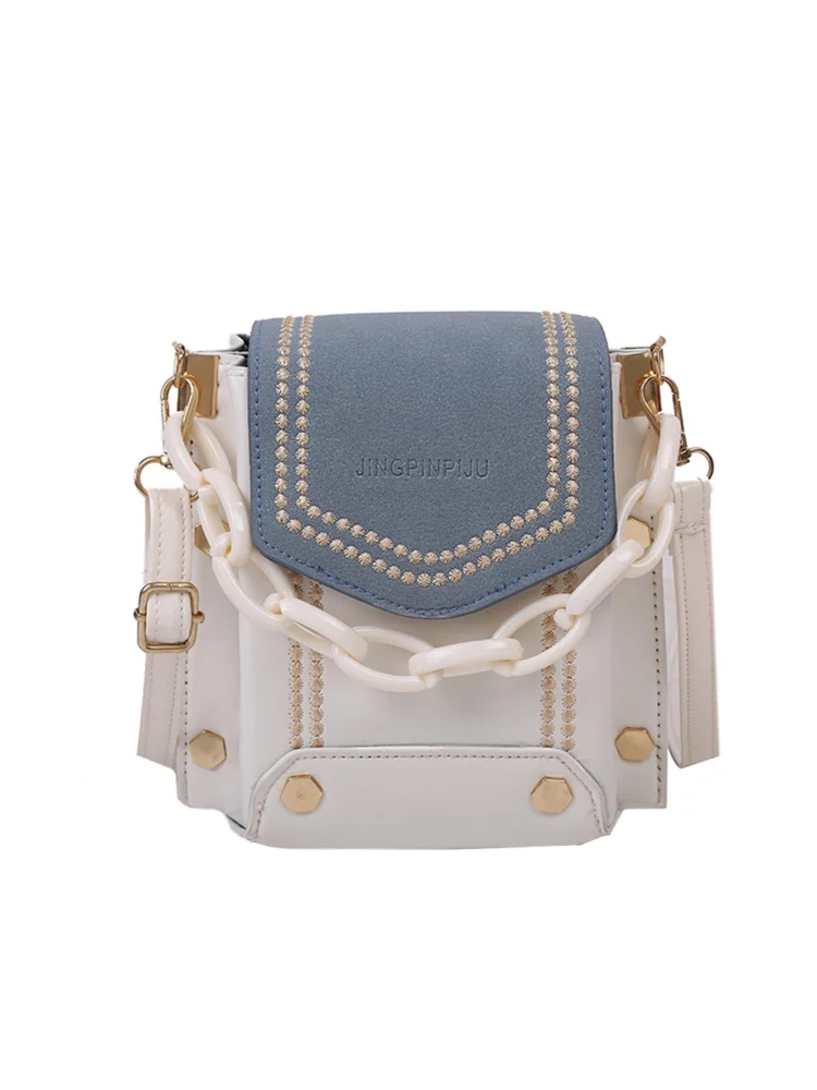 Women Crossbody Bag Acrylic Chain Hit Color PU Shoulder Handbags (White)