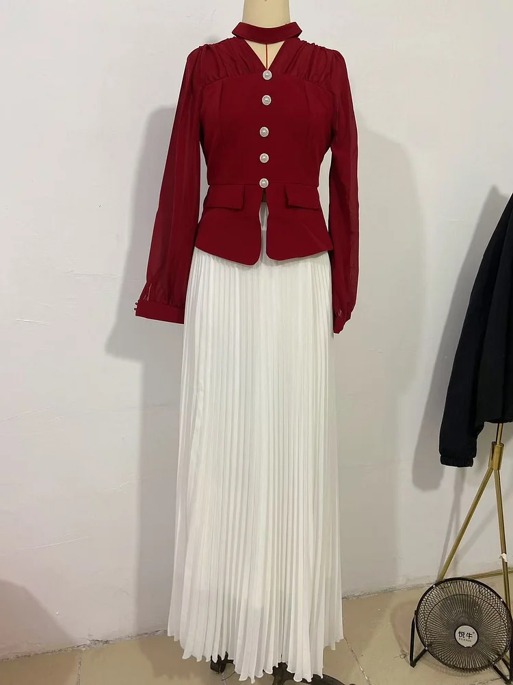 Pleated Suit Button Mesh Stitching Long Dress Gift Set