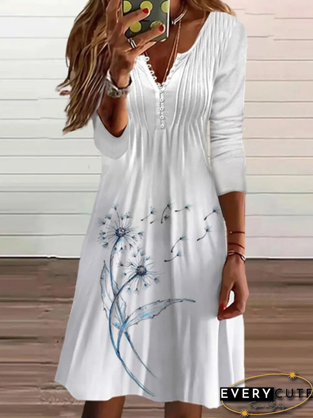 Women Casual Autumn Dandelion V neck Daily Jersey Skirt Long sleeve A-Line Dresses