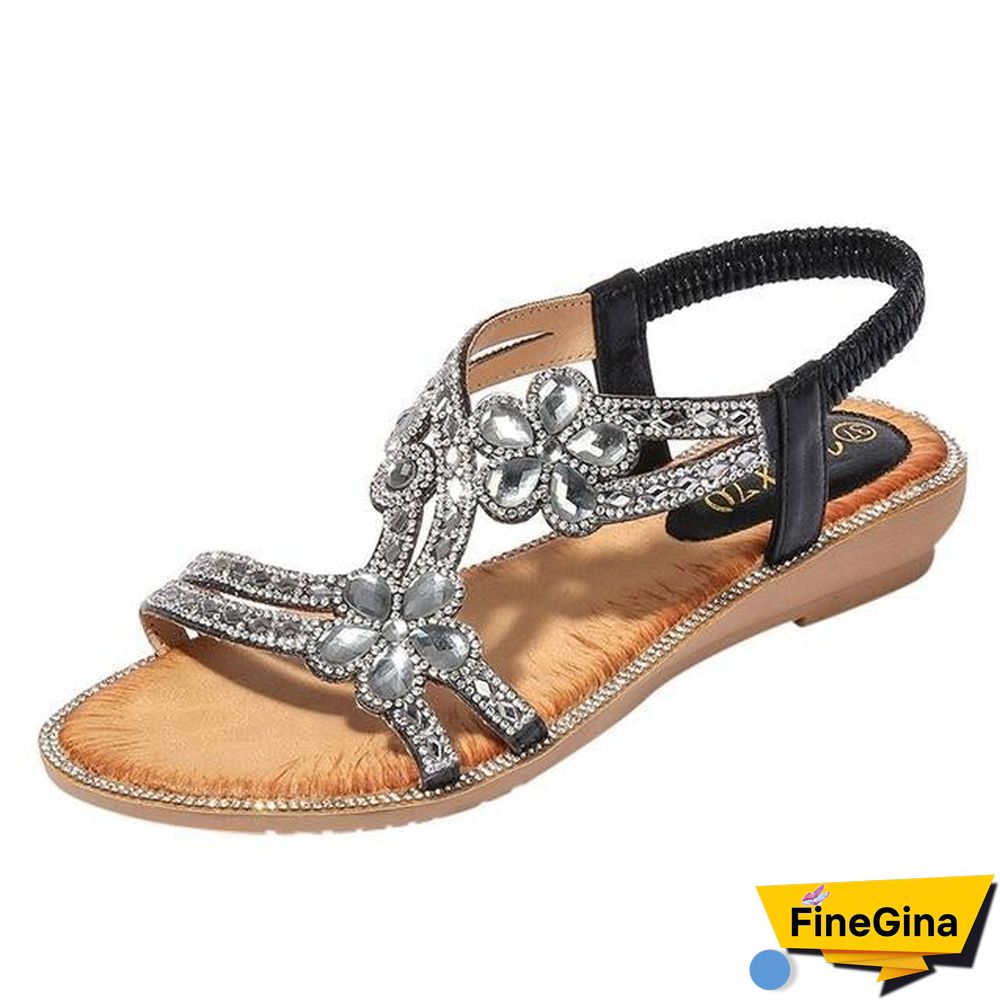 Women Bohemia Style Flats Sandals&nbsp;Bling Flower Crystal Beach Sandals Shoes