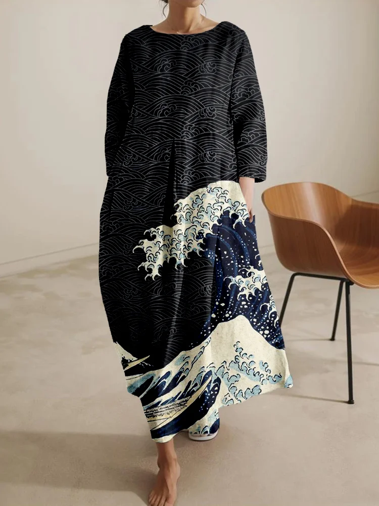 Comstylish Japanese Wave Inspired Pattern Comfy Midi Dress