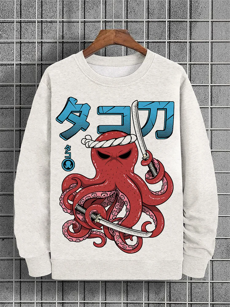 Men's Japanese Octopus Samurai Graphic Print Cotton Casual Sweatshirt