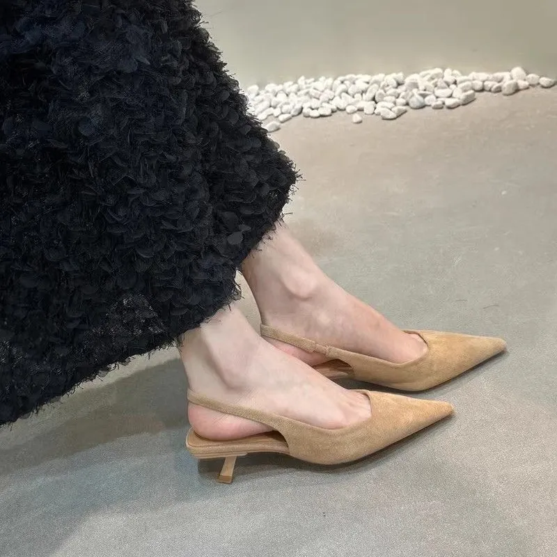 Breakj Breakj Retro Temperament Famous Head Pointed Sandals Women Summer Velvet Fine Heel Fairy High Heels Behind Empty Single Shoes