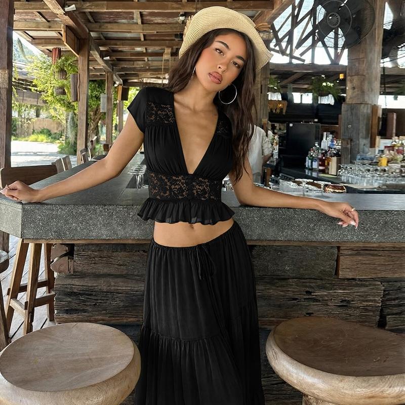 Women Summer Short Sleeve V Neck Tops Long Skirt Beach Vacation Chiffon Two Piece Set Outfit Women Summer Short Sleeve V Neck Tops Long Skirt Beach Vacation Chiffon Two Piece Set Outfit