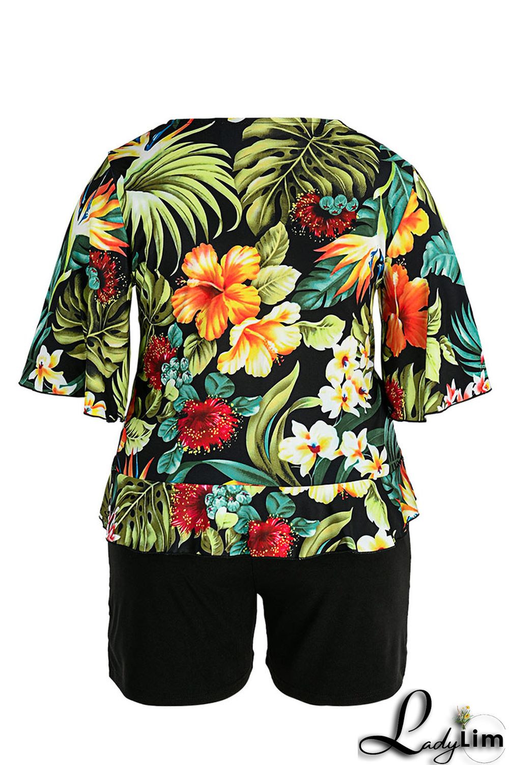 Green Casual Print Bandage Split Joint V Neck Plus Size Two Pieces