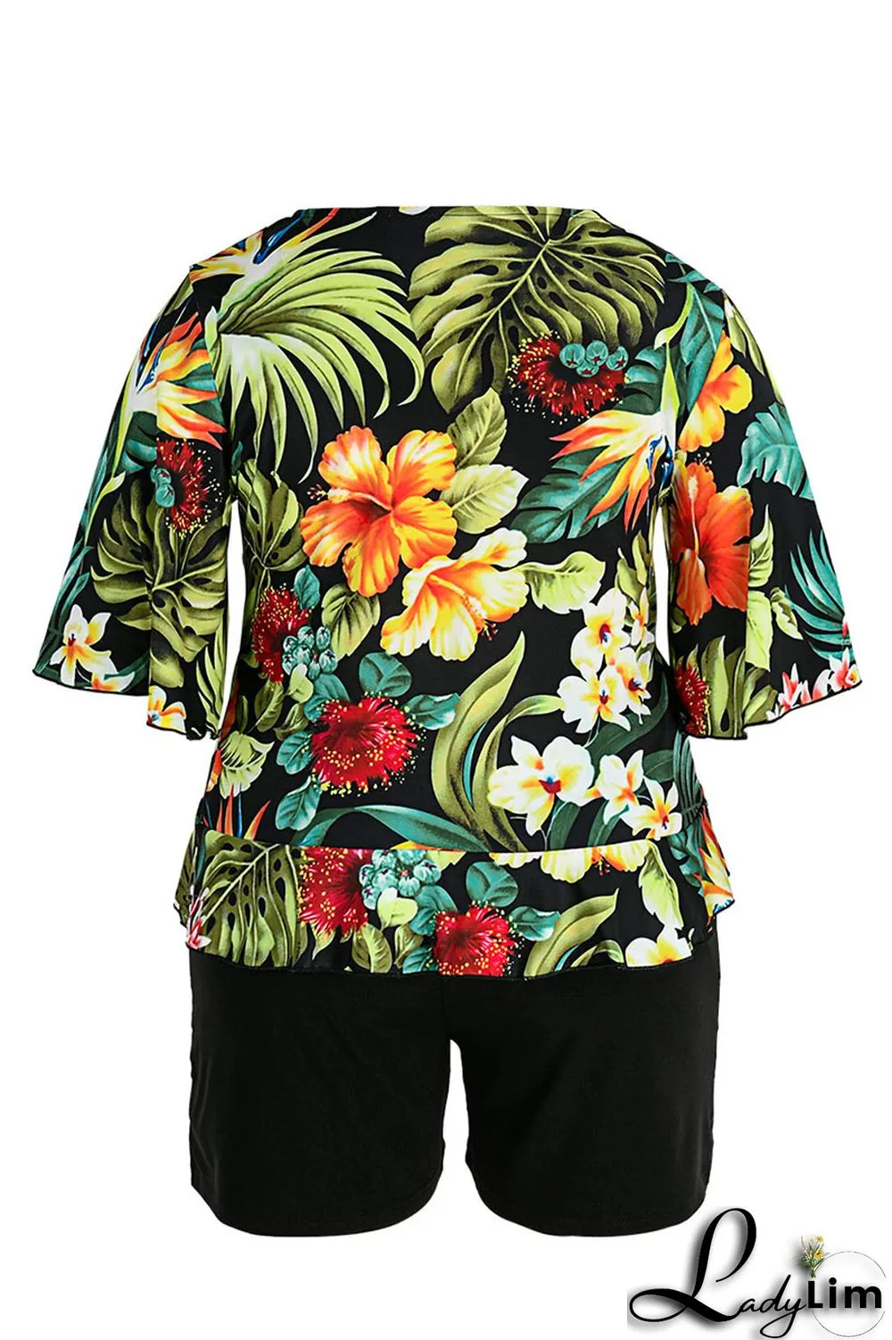 Green Casual Print Bandage Split Joint V Neck Plus Size Two Pieces