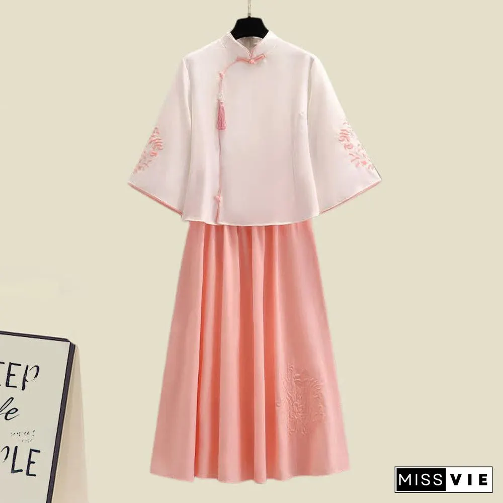 Blossom Print Fringed Sweatshirt Slim Vintage Top Skirt Set