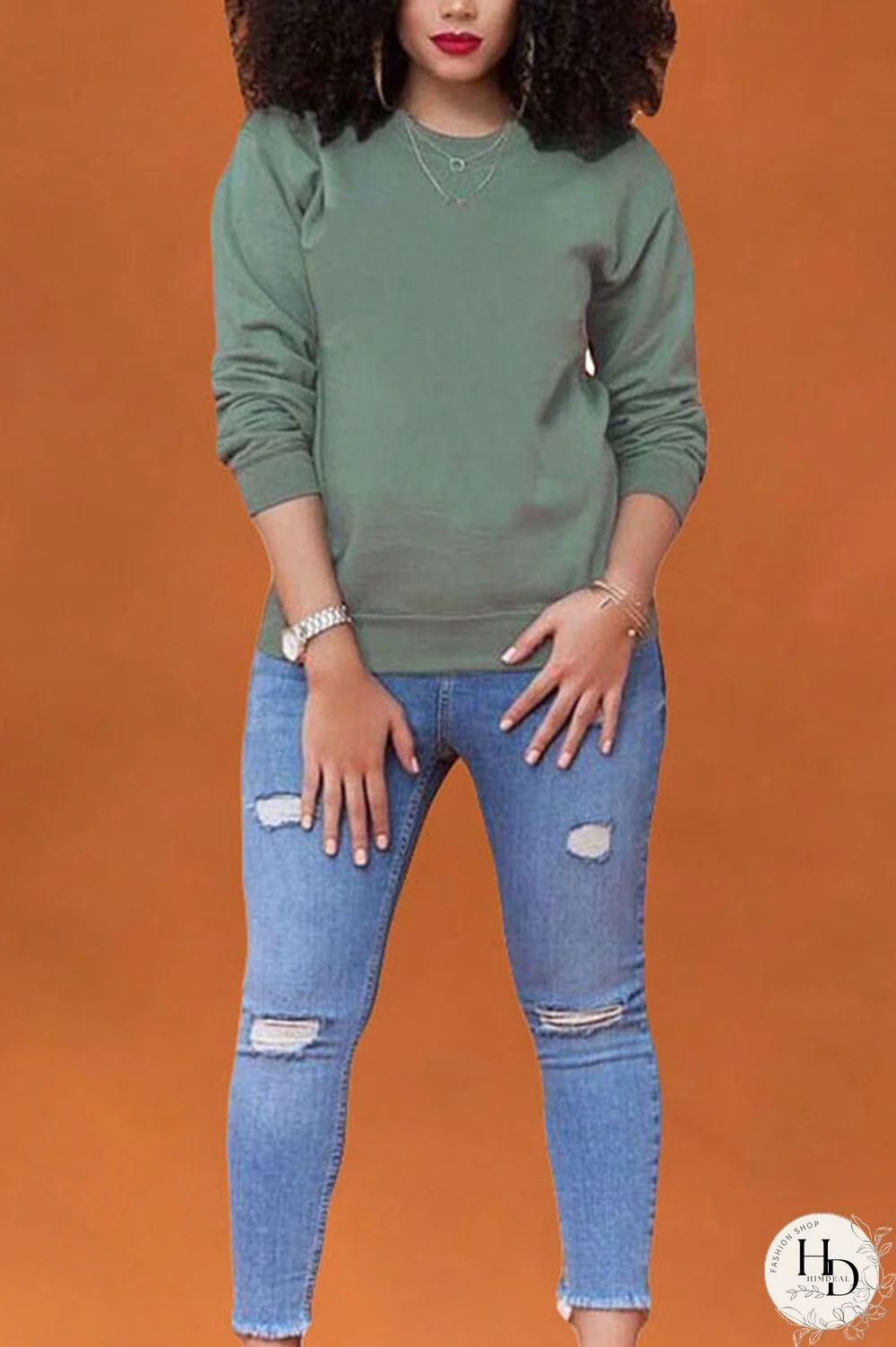 Orange Polyester O Neck Long Sleeve Solid Tops