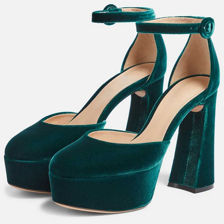 FSJ Green Velvet Round Toe Platform Pumps Ankle Strap Chunky Heels |FSJ Shoes