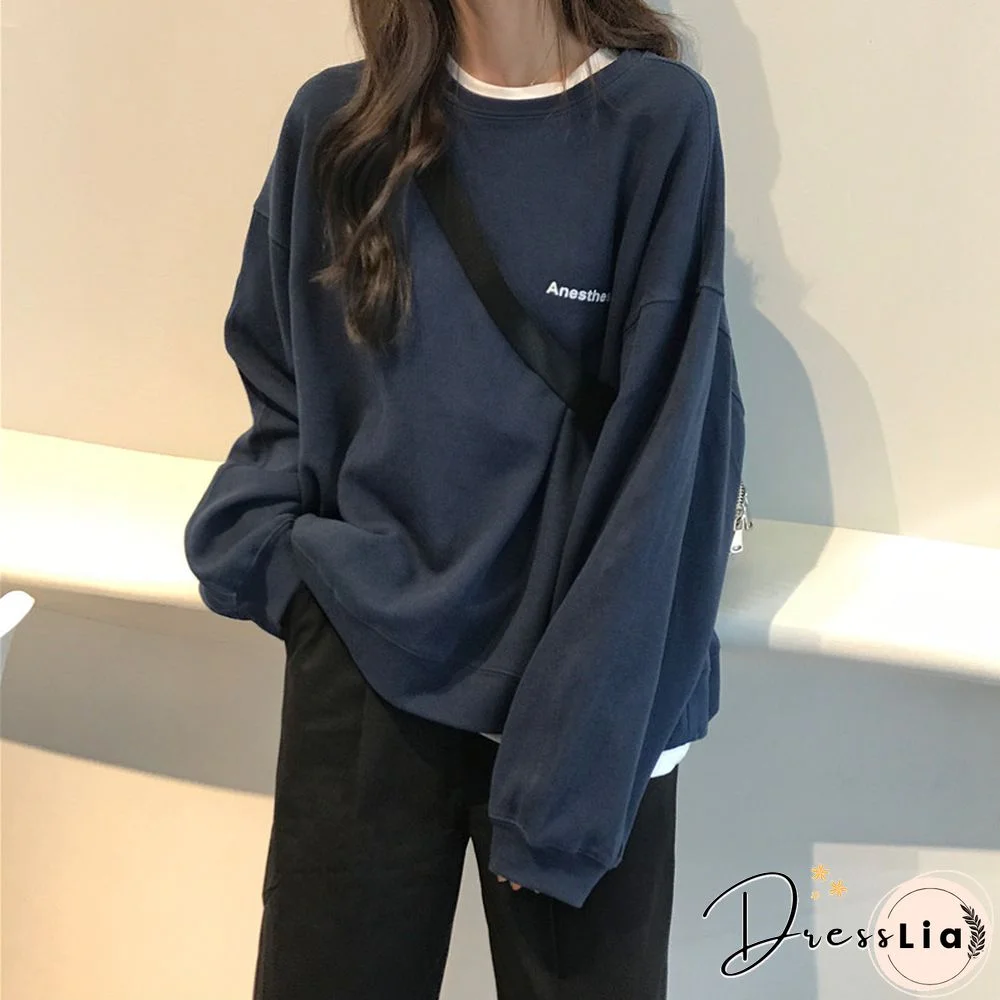 New Kpop Letter Hoody Fashion Korean Thin Chic Women's Sweatshirts Cool Navy Blue Gray Hoodies For Women