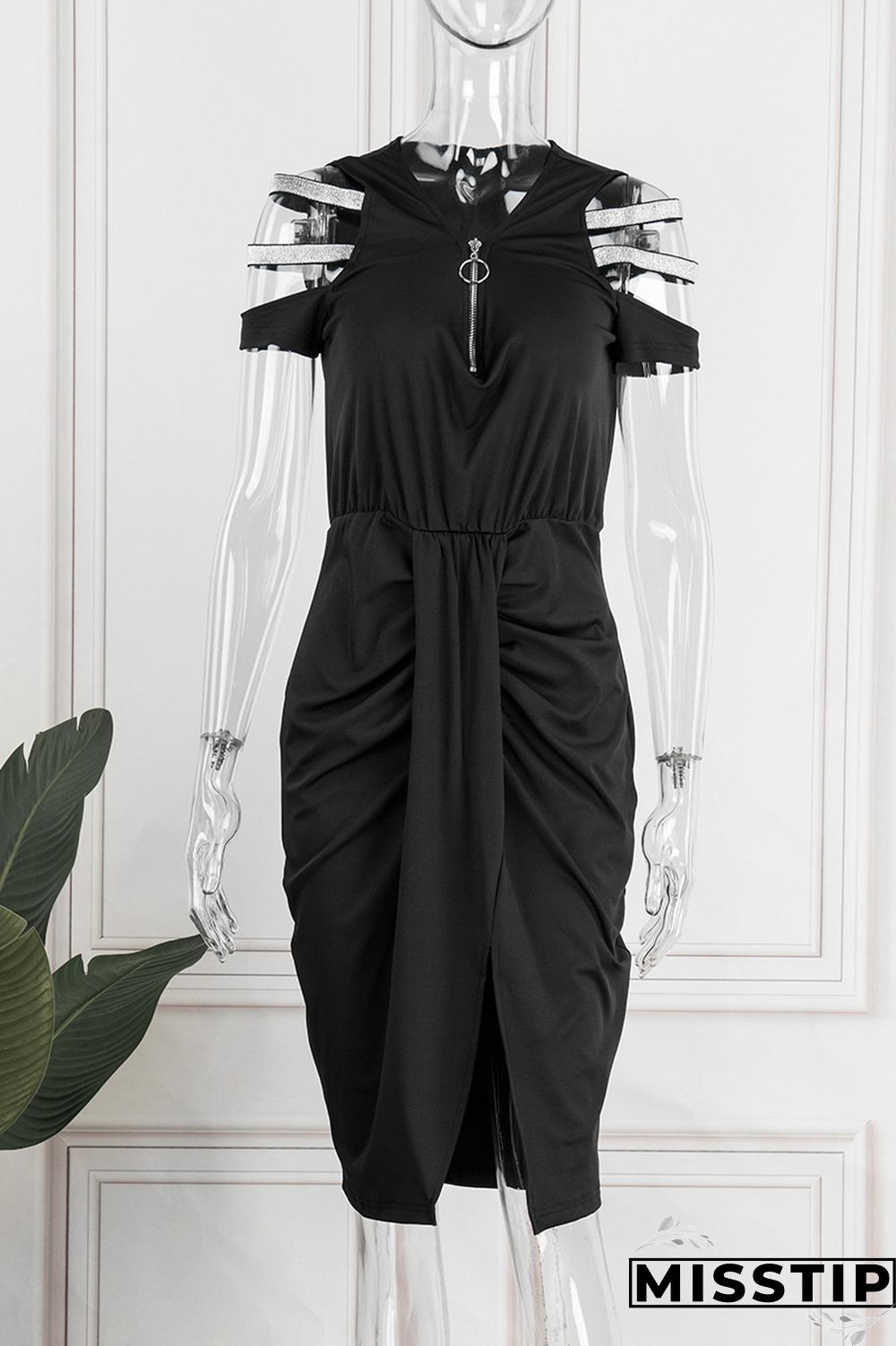 Black Casual Solid Hollowed Out Patchwork V Neck Short Sleeve Dress