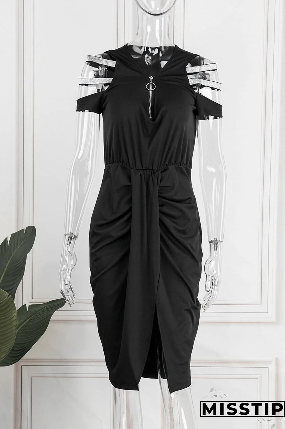 Black Casual Solid Hollowed Out Patchwork V Neck Short Sleeve Dress