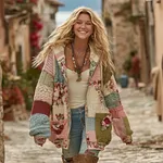 Women's Vintage Patchwork Floral Art Cozy Knitted Zip-up Hoodie - Image 2
