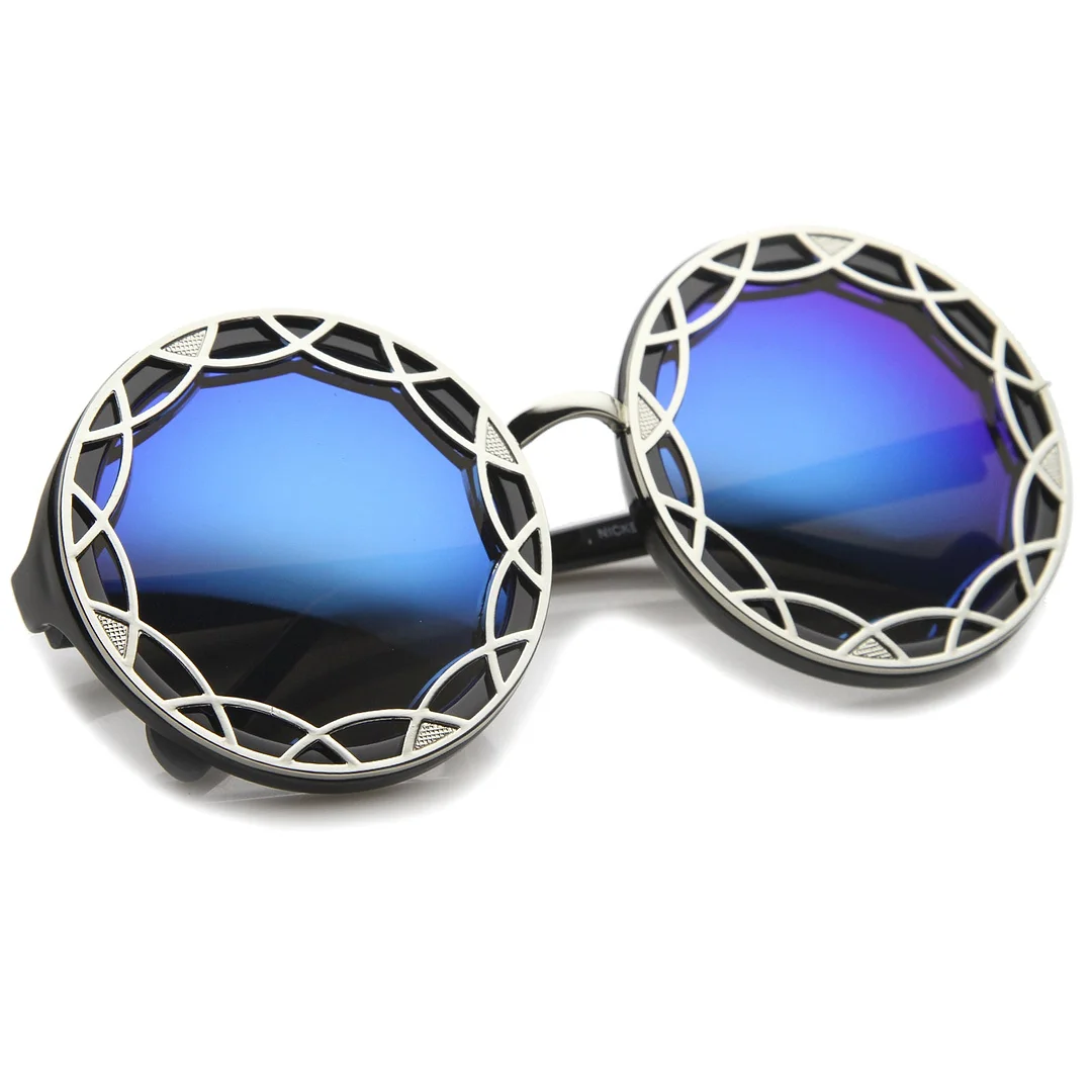 Women's Oversize Ornate Flat Pattern Color Mirror Lens Round glasses 55mm