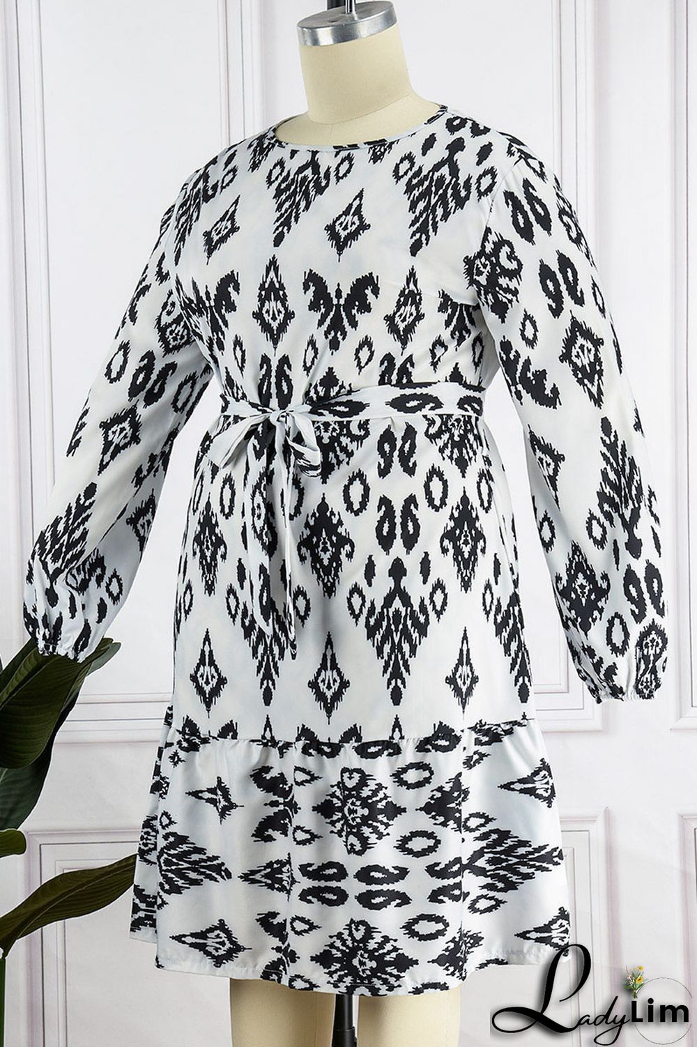 Light Apricot Casual Print Bandage Patchwork O Neck Straight Plus Size Dresses