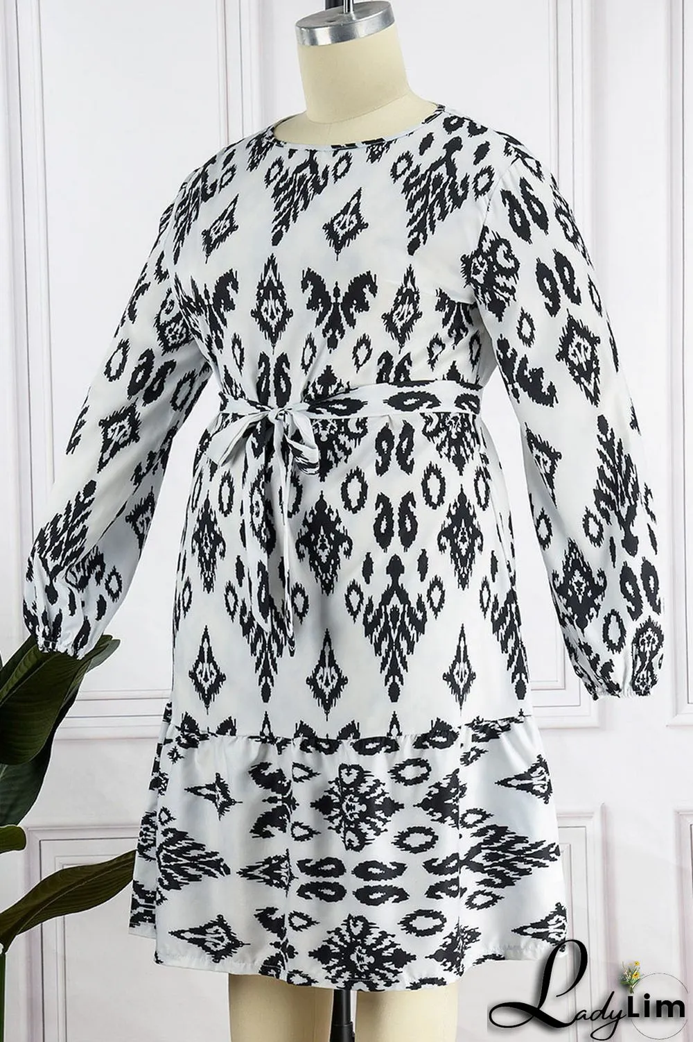 Light Apricot Casual Print Bandage Patchwork O Neck Straight Plus Size Dresses