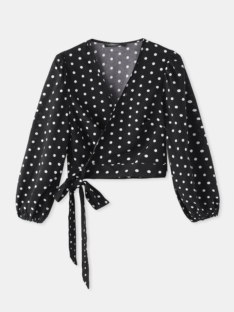 Dot Print V neck Puff Long Sleeve Knotted Blouse For Women P1825445